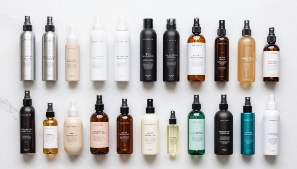 Array of alternative styling products for straight hair including sprays, mousses, and serums