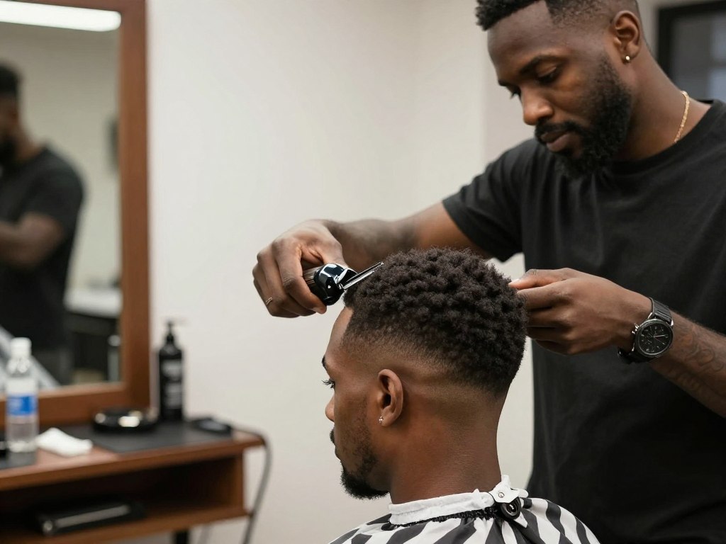 Barber cutting Black man's hair with clippers Barber cutting Black man's hair with clippers
