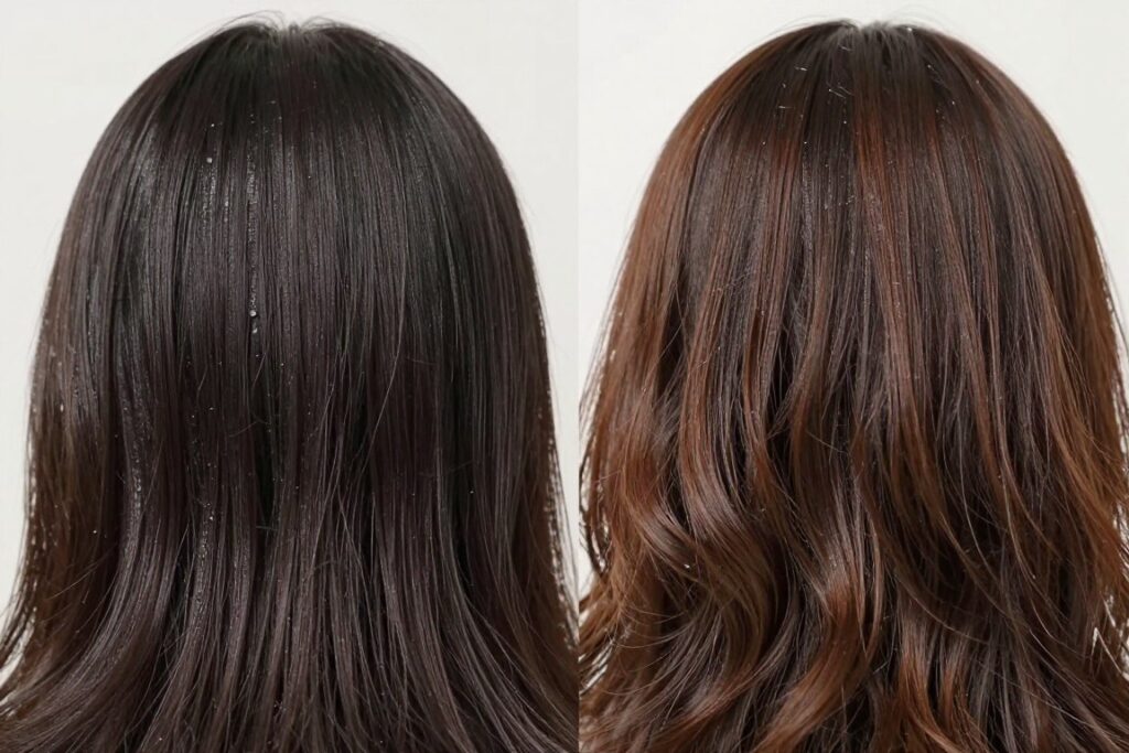 Before and after showing proper versus improper curl cream application on straight hair