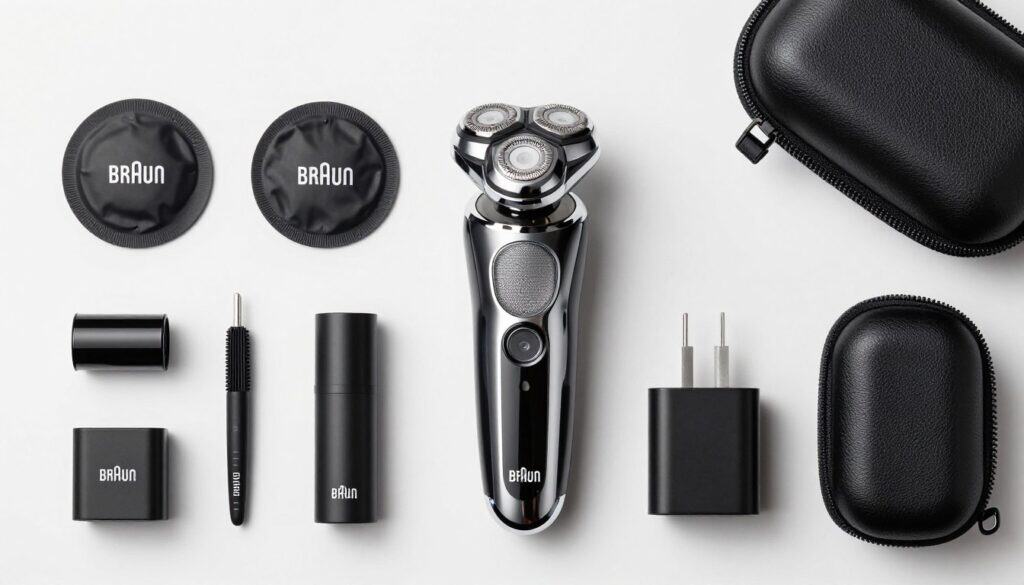 Braun shaver accessories and replacement parts laid out Braun shaver accessories and replacement parts laid out