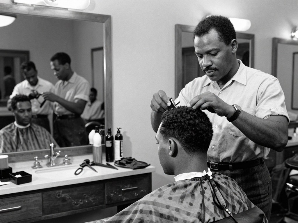 Civil rights movement era barbershop scene with Black men Civil rights movement era barbershop scene with Black men