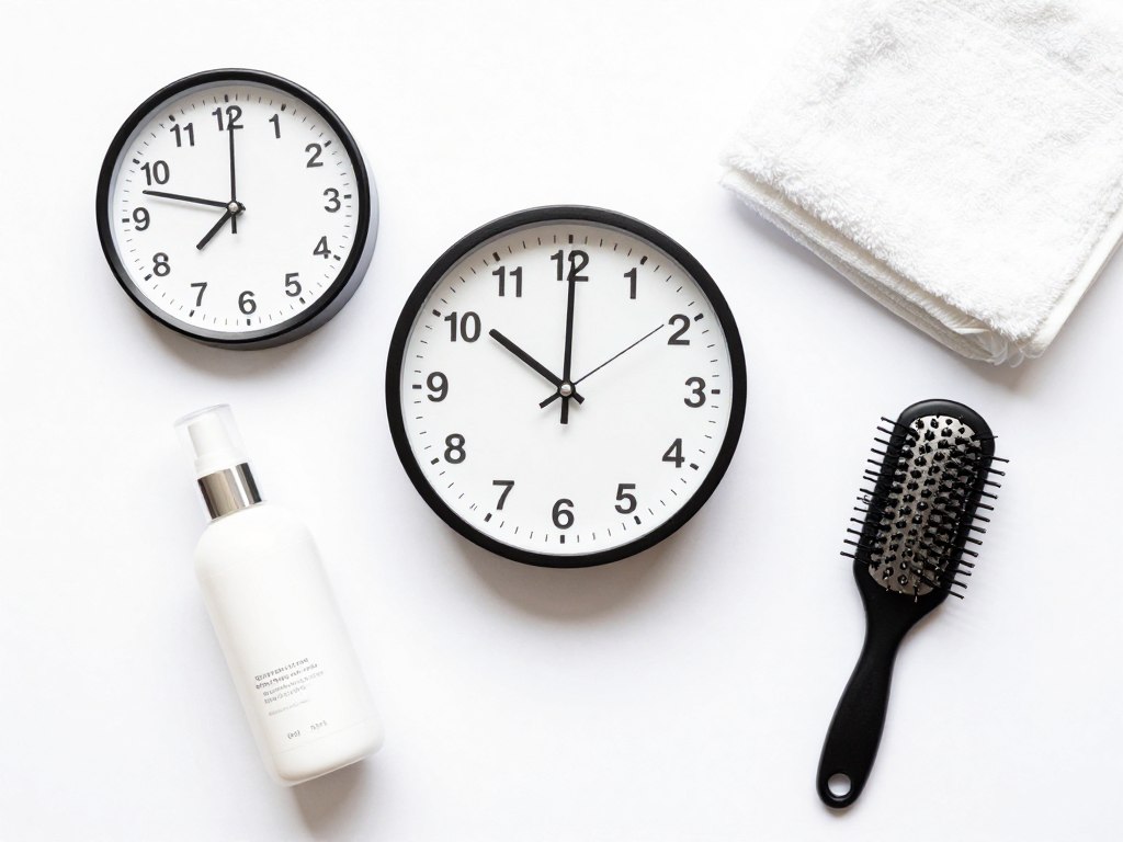 Clock and hair products showing time commitment for curl cream styling routine