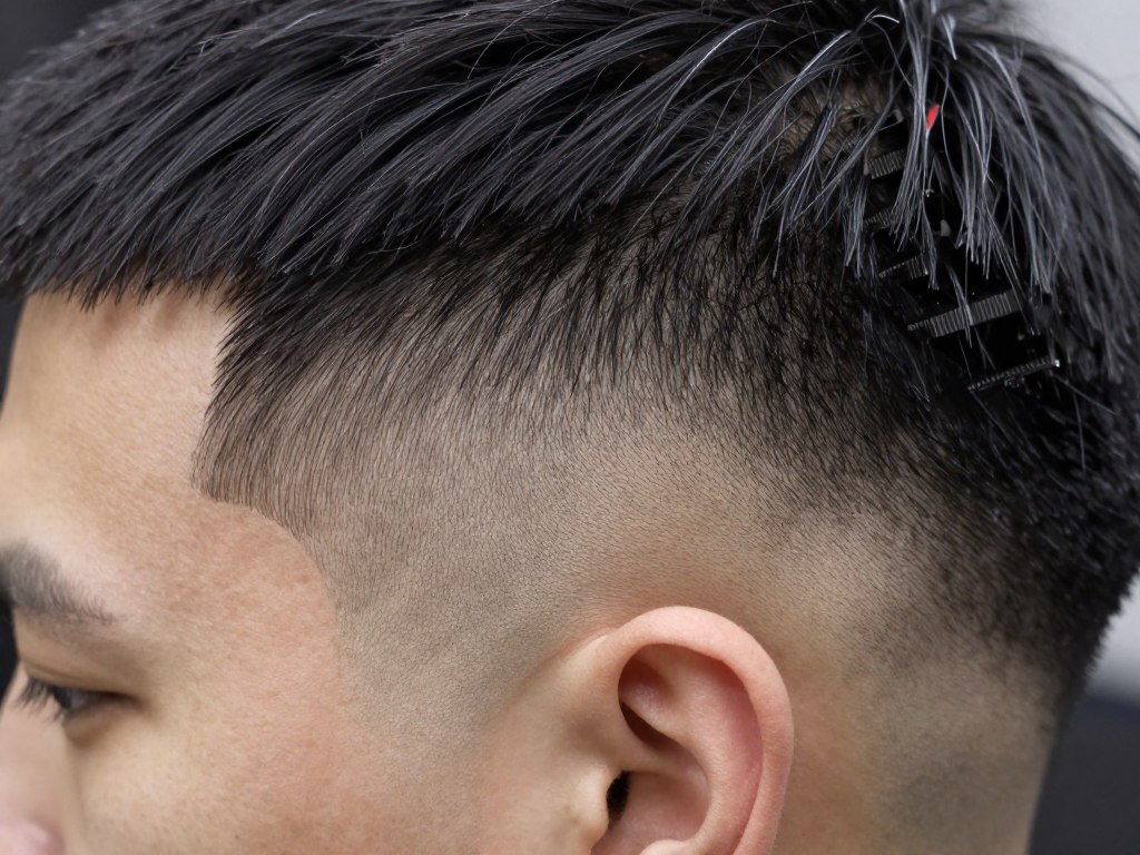 Close-up detail of skin fade haircut showing gradient transition technique Close-up detail of skin fade haircut showing gradient transition technique