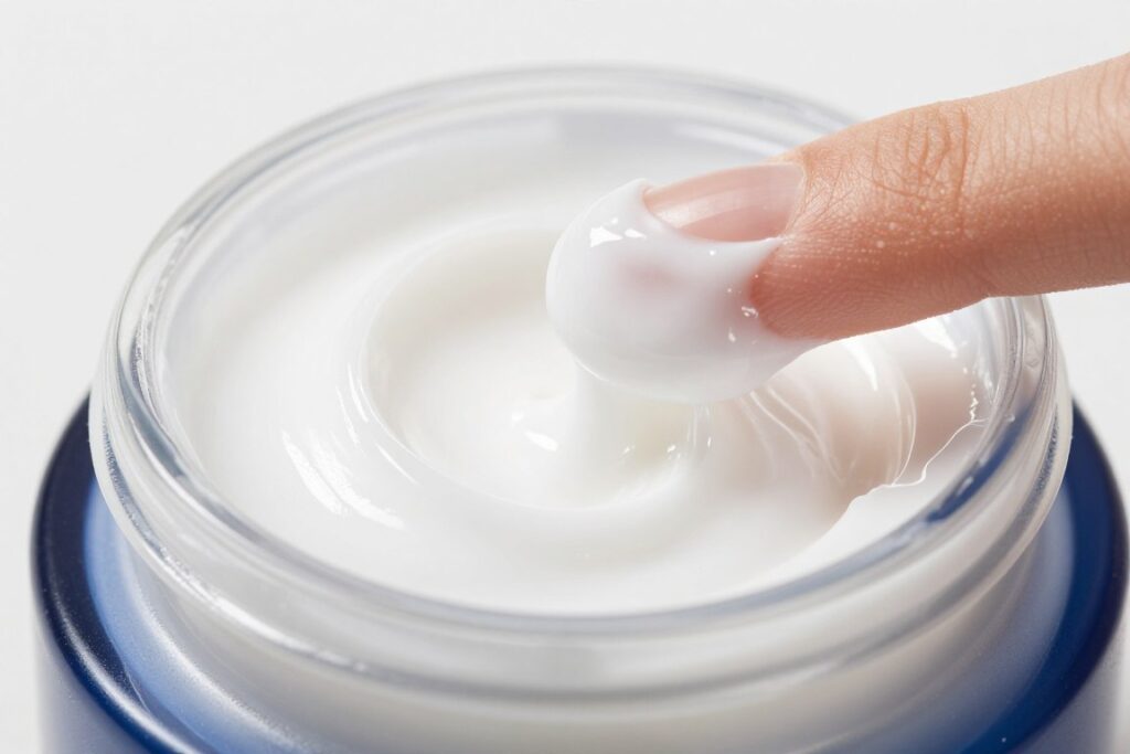 Close-up of curl cream texture being scooped from jar showing creamy consistency