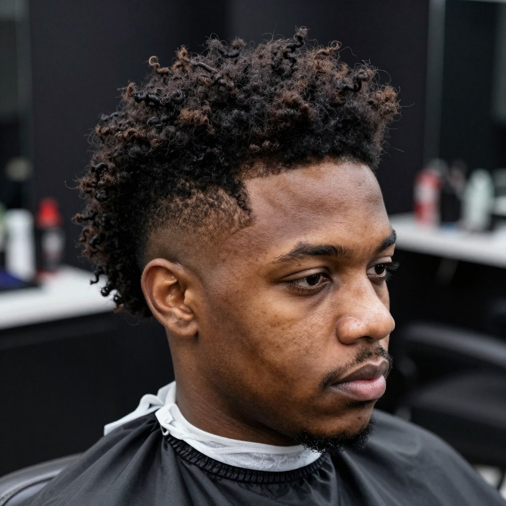 Coily afro-textured hair with high skin fade showing dramatic contrast Coily afro-textured hair with high skin fade showing dramatic contrast