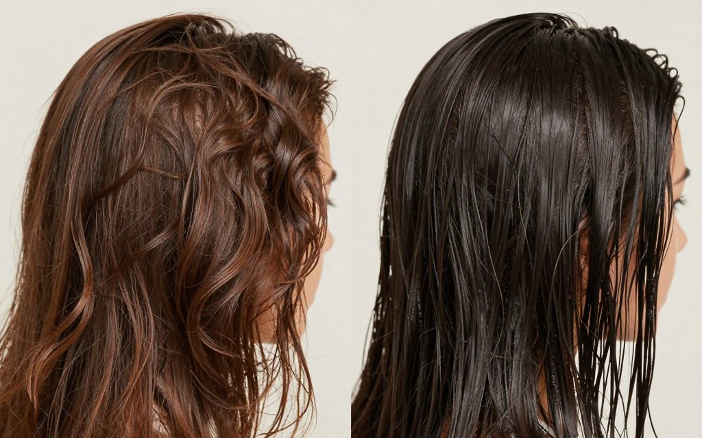 Comparison showing curl cream on dry versus damp hair with different results