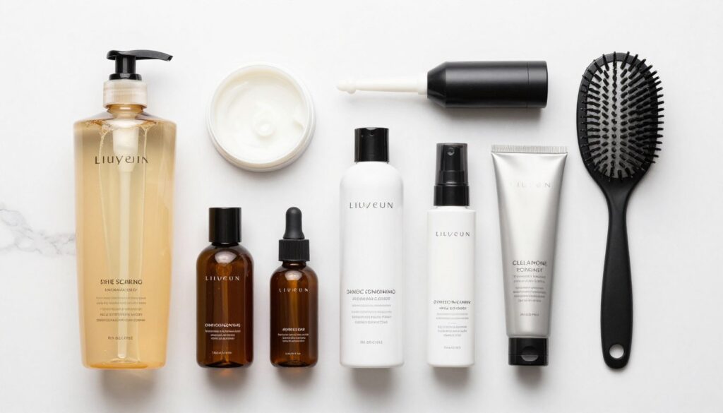 Comprehensive hair care routine layout showing all products and tools for maintaining healthy hair