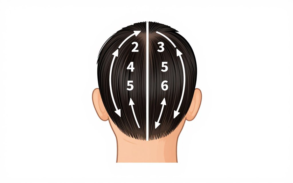 Diagram showing hair sectioning method for even product application