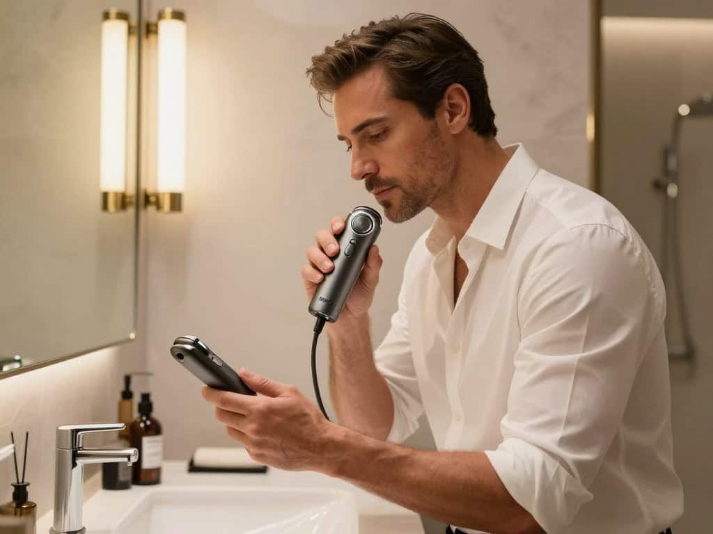 Executive using premium Braun Series 9 shaver Executive using premium Braun Series 9 shaver