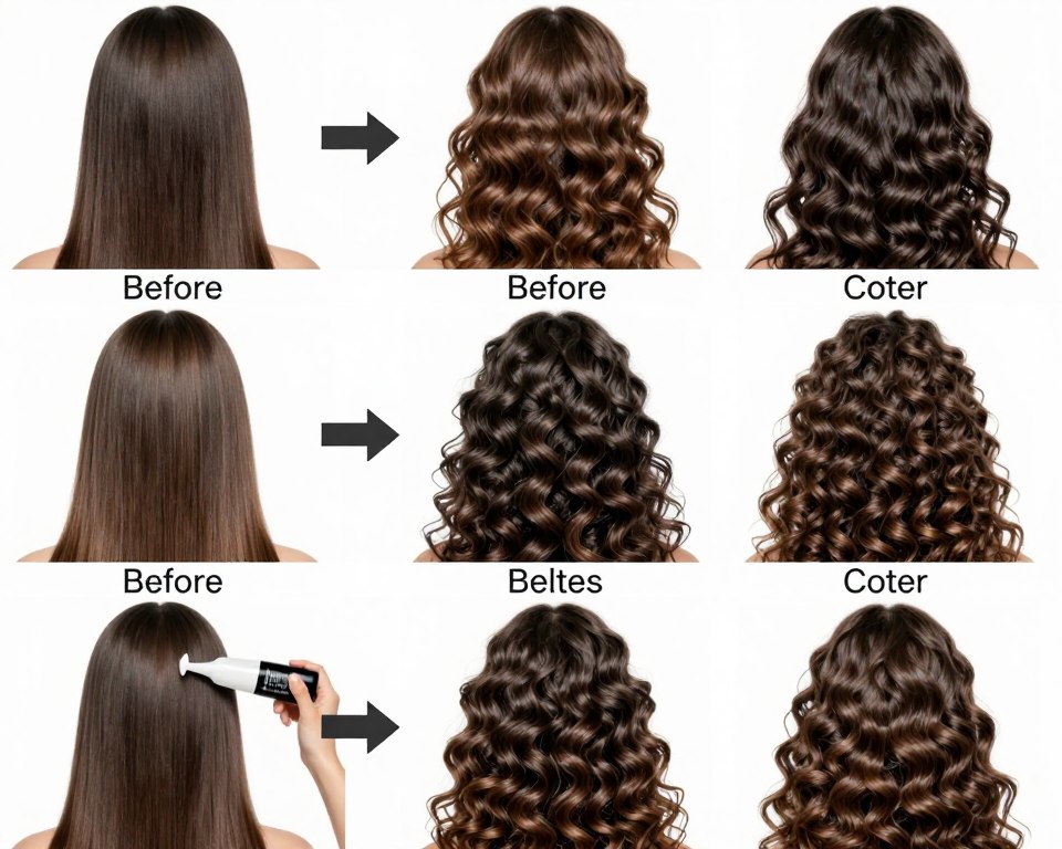 Hair type chart showing different textures from straight to coily with curl cream application examples
