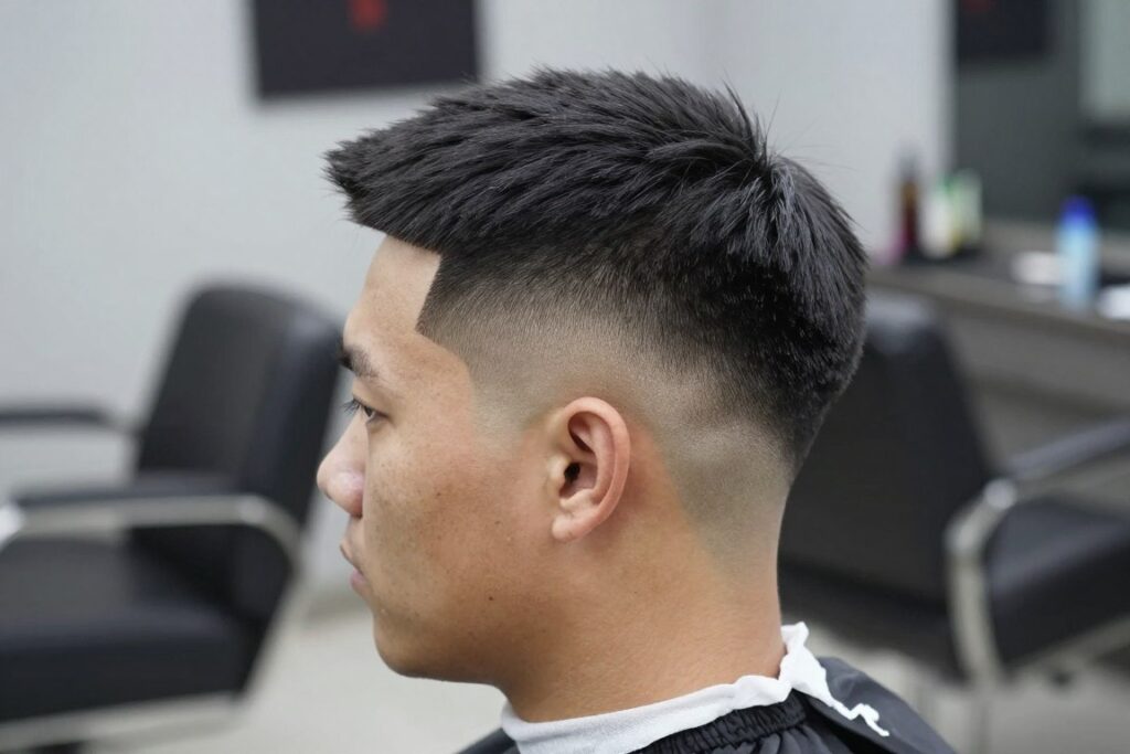 High skin fade haircut with fade starting high above temples High skin fade haircut with fade starting high above temples