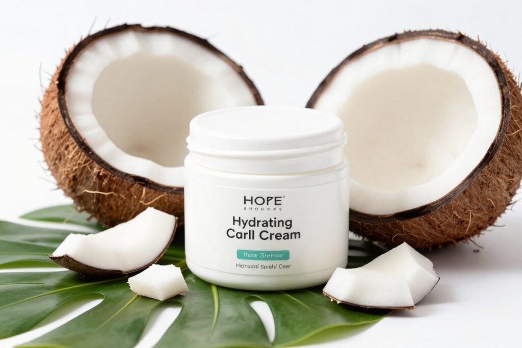 Hydrating curl cream with coconut oil for moisture and shine