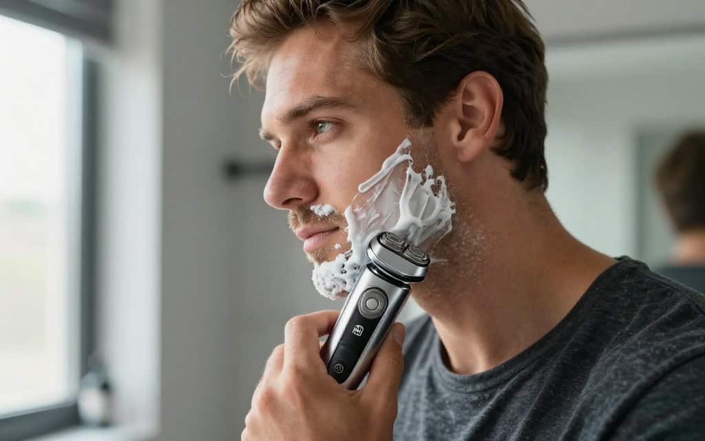 Man using Braun electric shaver showing comfortable shaving experience