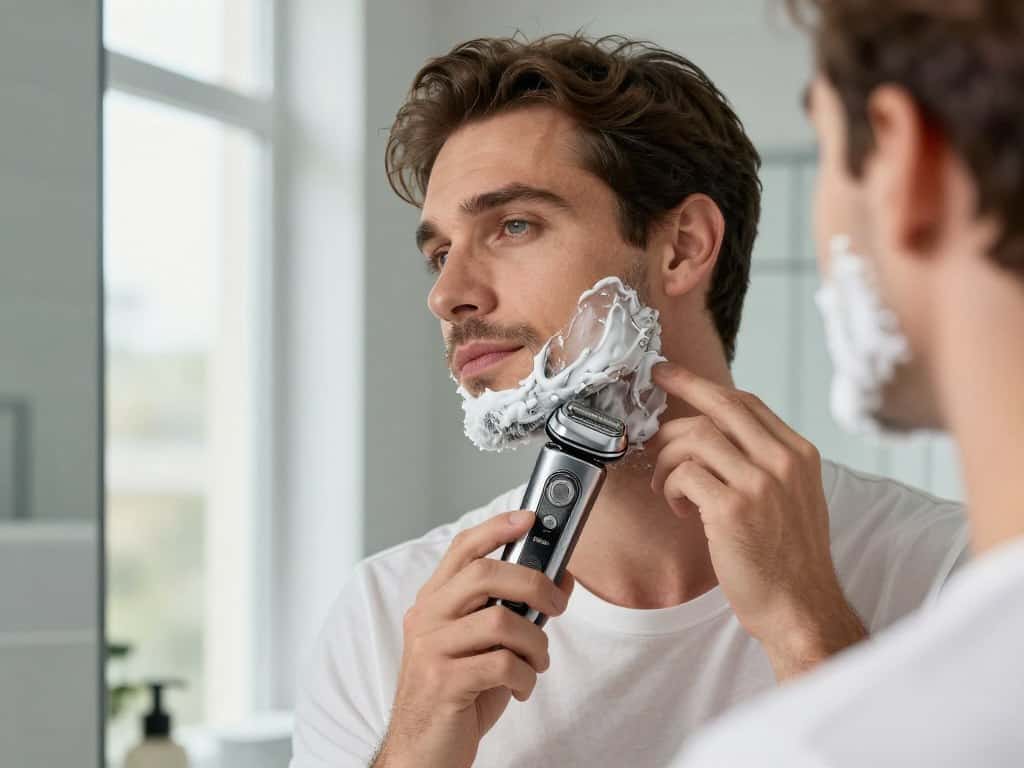 Man using Braun electric shaver showing smooth shaving technique Man using Braun electric shaver showing smooth shaving technique