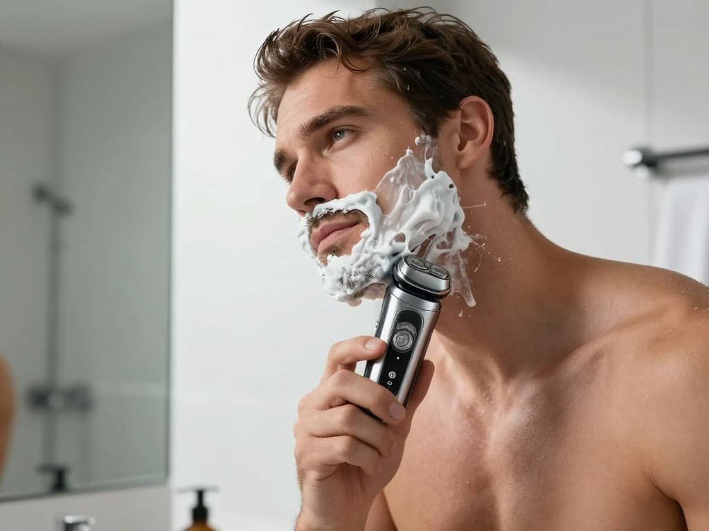 Man wet shaving with Braun shaver and shaving foam Man wet shaving with Braun shaver and shaving foam