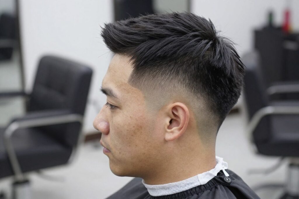 Mid skin fade haircut with fade starting at temple level Mid skin fade haircut with fade starting at temple level