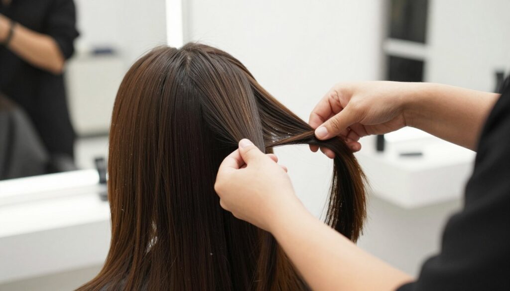 Professional hairstylist demonstrating technique on straight hair client