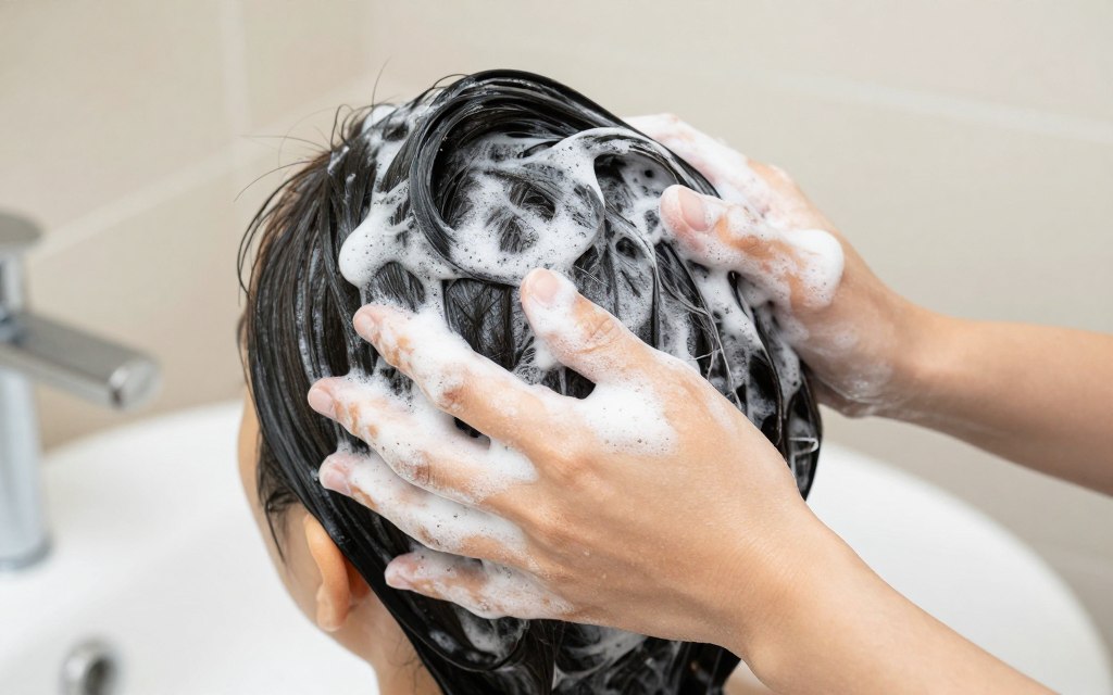 Proper hair washing technique demonstration focusing on scalp cleansing
