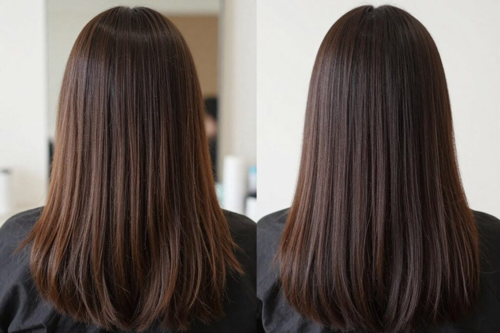 Realistic before and after comparison of straight hair with curl cream showing subtle enhancement