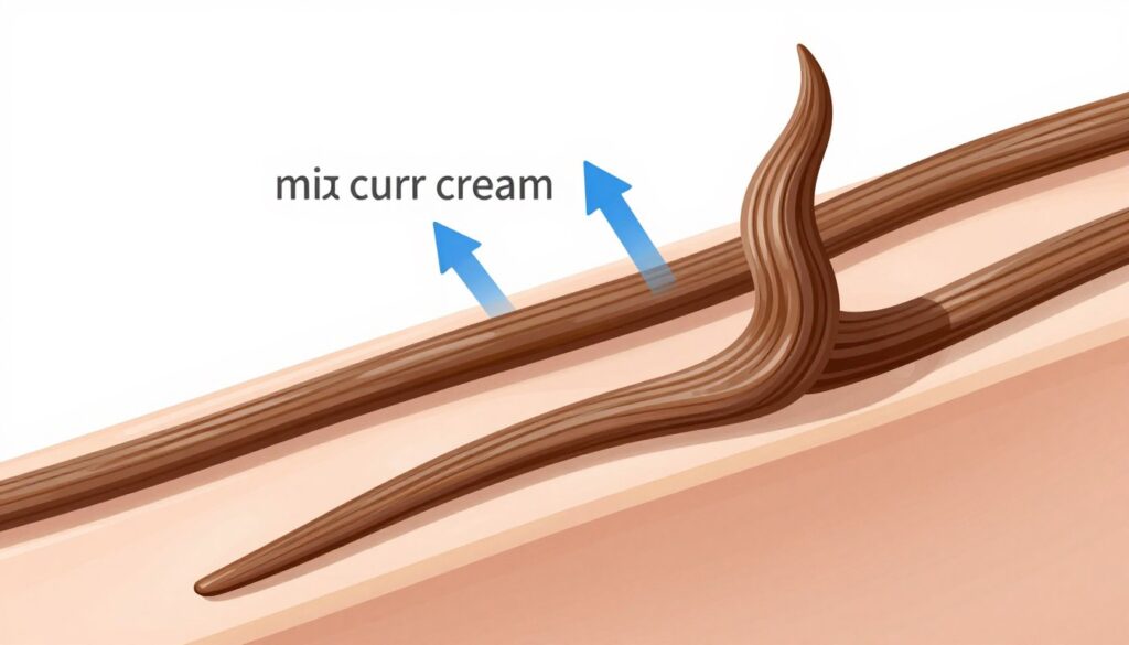 Scientific diagram showing how curl cream coats hair strands and enhances curl pattern
