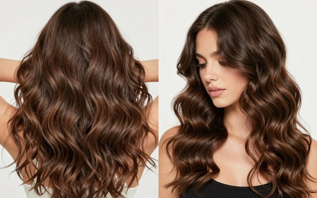 Side-by-side comparison of wavy hair before and after curl cream application