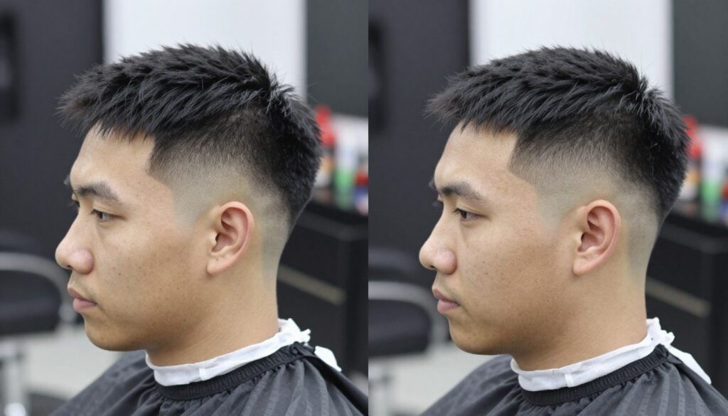 Side-by-side comparison showing taper fade versus skin fade haircut styles Side-by-side comparison showing taper fade versus skin fade haircut styles