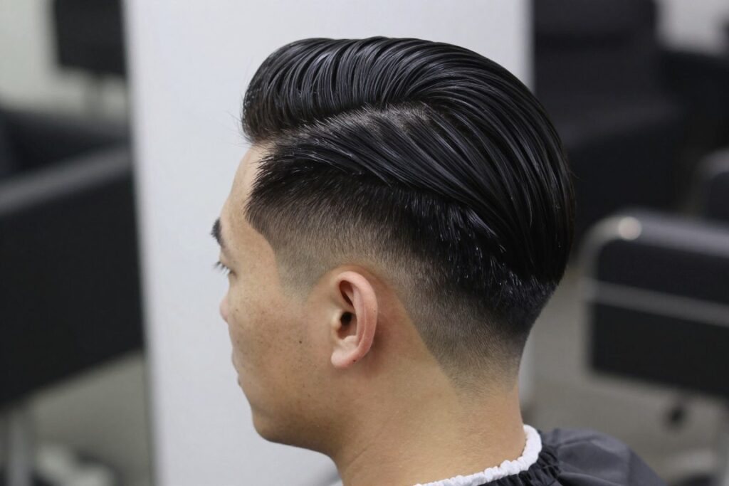 Slicked back hairstyle with high skin fade showing polished finish Slicked back hairstyle with high skin fade showing polished finish