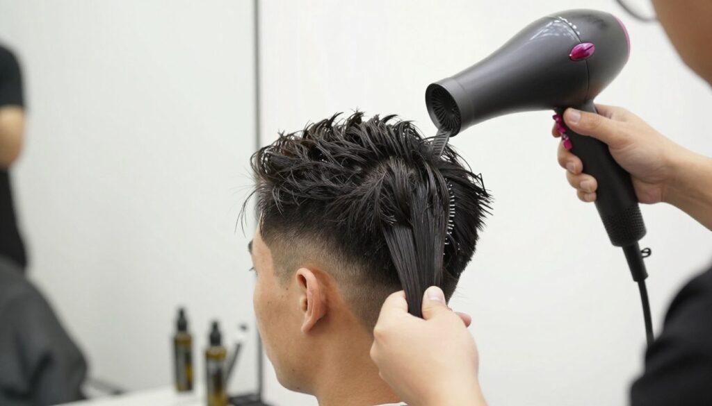 Step-by-step blow-drying technique showing volume creation on skin fade haircut Step-by-step blow-drying technique showing volume creation on skin fade haircut