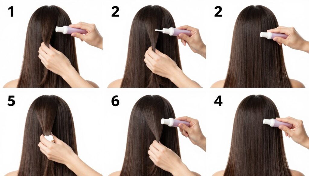Step-by-step visual guide showing curl cream application process on straight hair