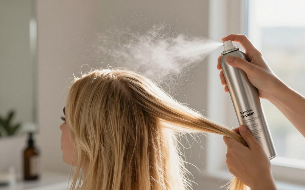 Texturizing spray being applied to straight hair showing mist effect