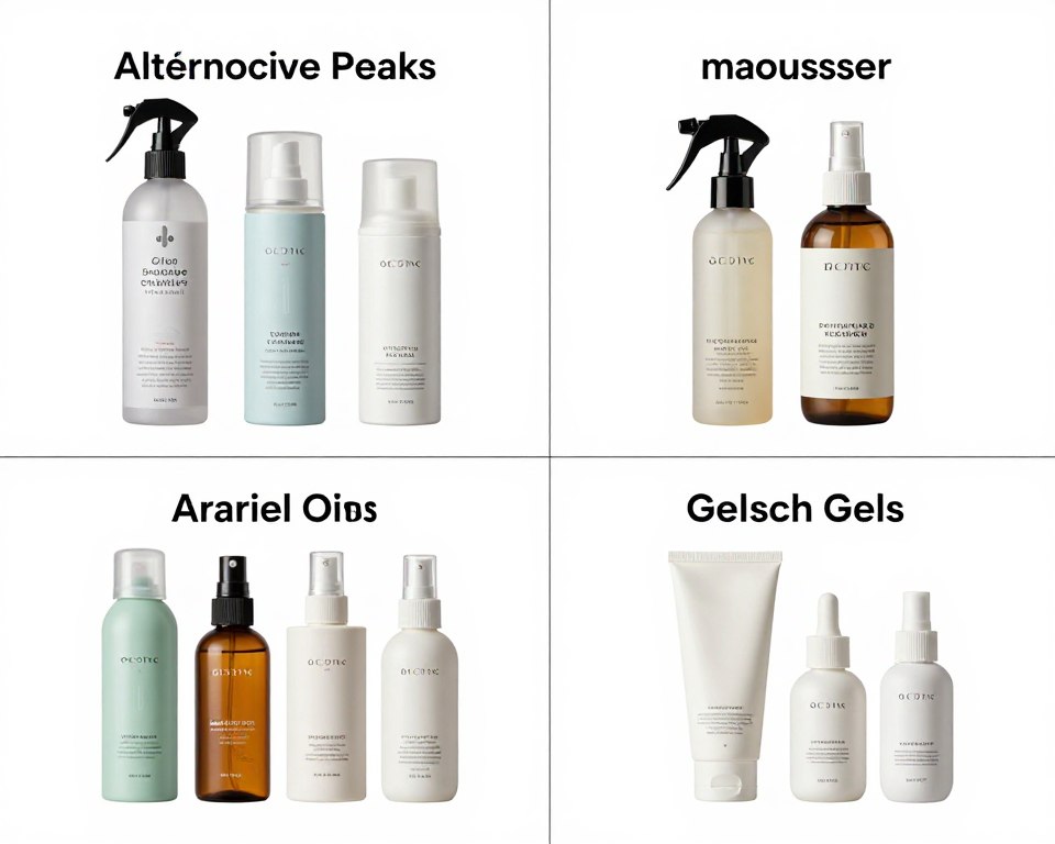 Various alternative products arranged by category and function for straight hair