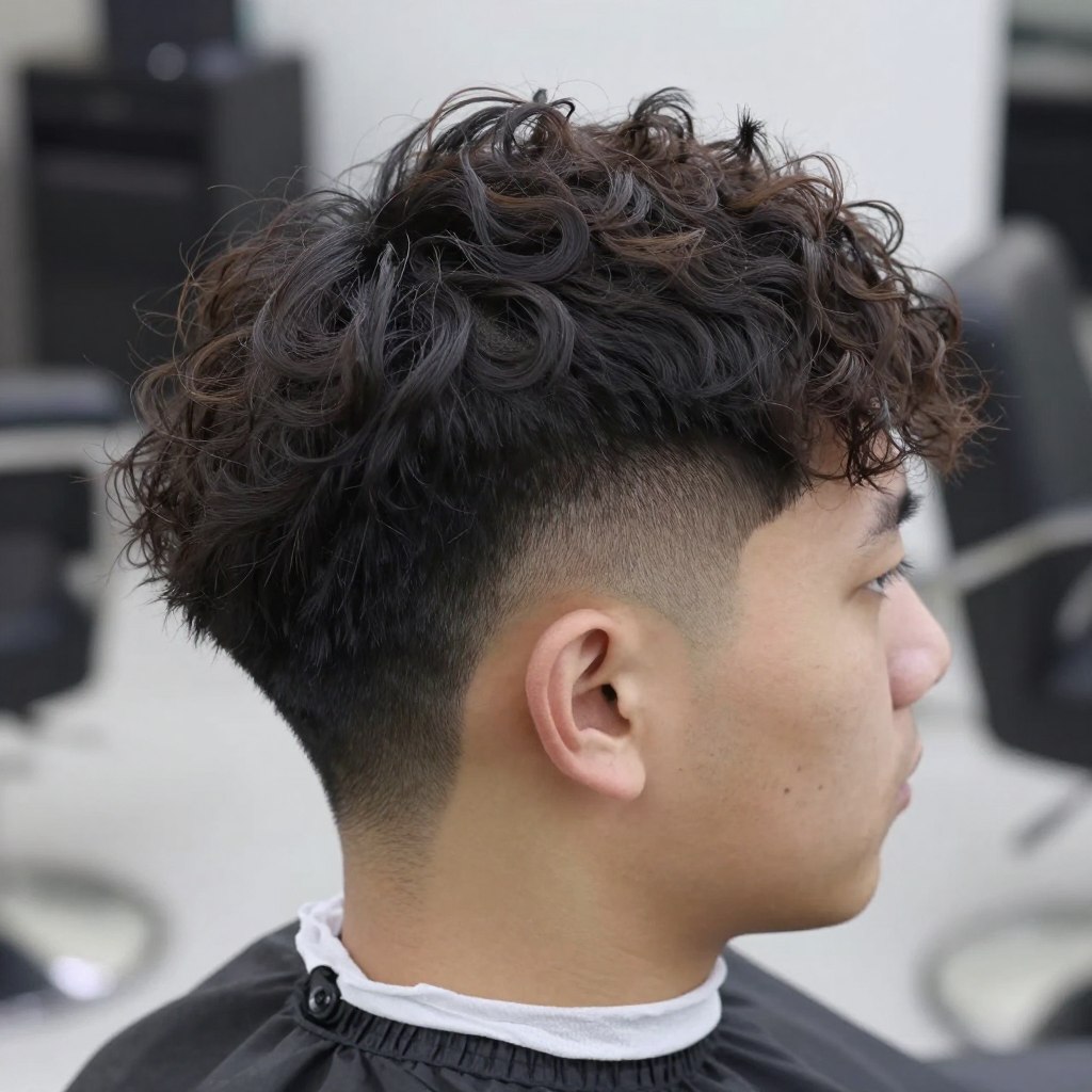 Wavy hair styled with mid skin fade showing natural texture on top Wavy hair styled with mid skin fade showing natural texture on top