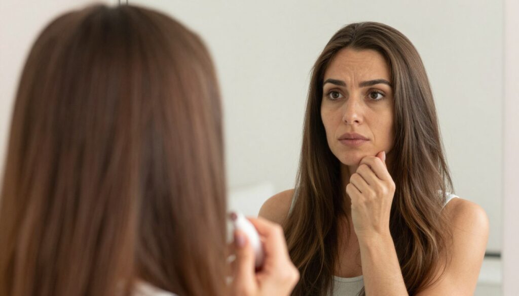 Woman examining hair texture looking disappointed showing realistic expectations concept