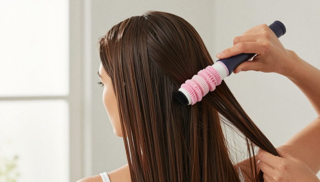 Woman with straight hair applying curl cream and scrunching technique demonstration