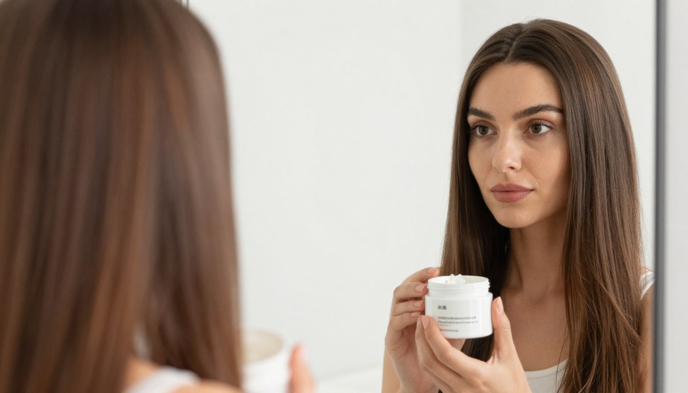 Woman with straight hair holding curl cream product while examining hair texture in mirror