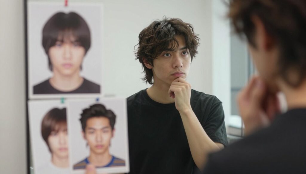 person contemplating mullet haircut while looking in mirror person contemplating mullet haircut while looking in mirror